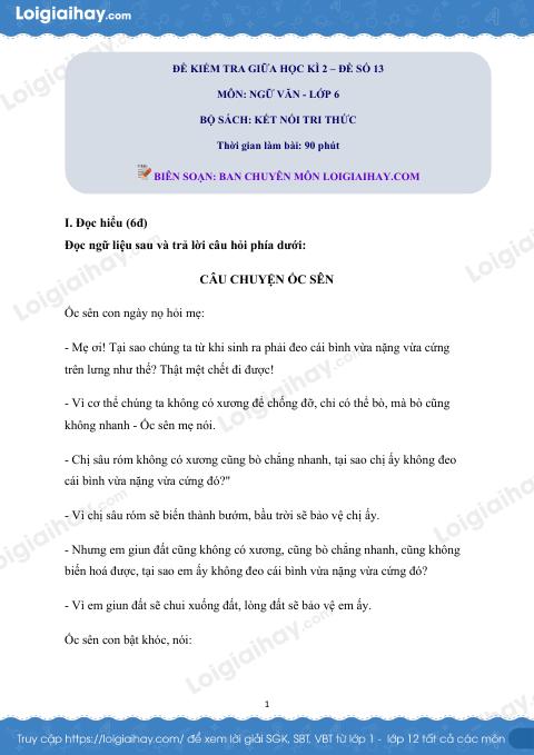 Đề thi giữa kì 2 Văn 6 Kết nối tri thức - Đề số 13